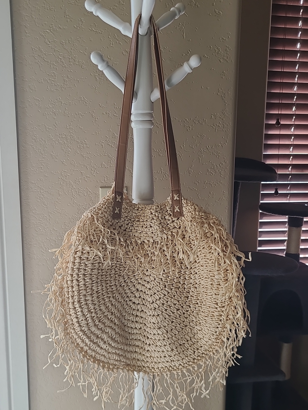 Natural Straw Fringe Tote Bag with Brown Handles